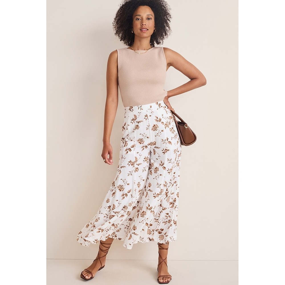 Francesca's Ines Floral Wide Leg Pants Printed Floral White Brown XL
